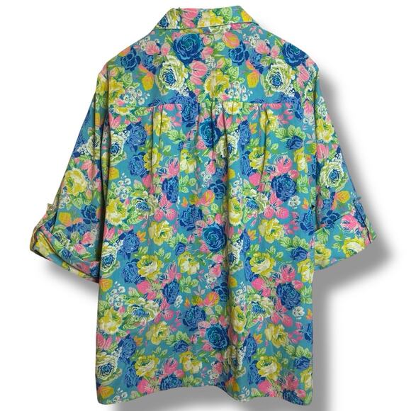 Vintage Jaylan of California Button Up XL Artsy Boho Bloom Roll Tab 3/4 Sleeve - Picture 2 of 6